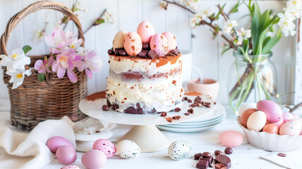 Obraz na płótnie Canvas Elegant Easter sponge cake adorned with pastel eggs and spring flowers