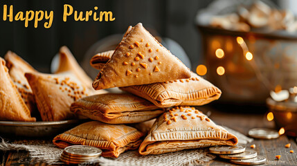 Warm festive greeting with hamantaschen pastries for Happy Purim