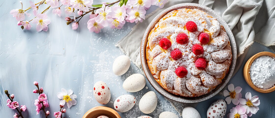 Easter celebration with a raspberry-topped cake and spring flowers on a light blue background