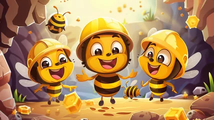 Tuinposter bees big head cartoon waer the safety helmet working in their hive © elbanco