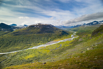 Fototapeta na wymiar A beautiful Rapa river Rapadalen landscape with native plants. A mountain river from above in Sarek National Park, Sweden. Summer sceney of Northern Europe.