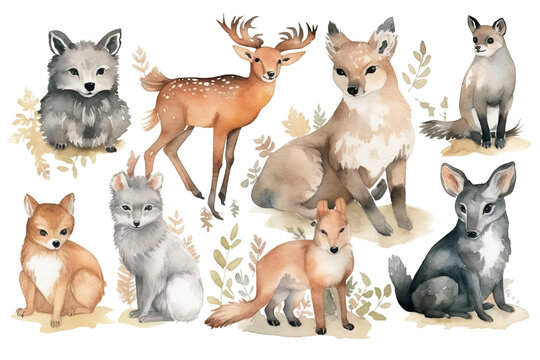 forest owl Watercolor animals Hand woodland wildlife deer cute lynx squirrel wolf fox Badger moose painted