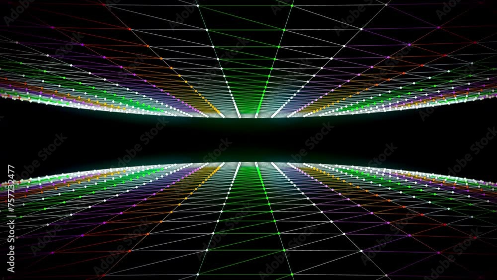 Poster abstract motion green colorful glowing shiny sci-fi 3d curving out of top and bottom dotted triangle