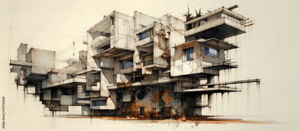 Poster an artistic drawing of a building with a facade made of wood and composite materials, featuring a re