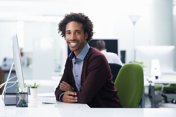 Portrait, computer or design and happy black man in office with creative career mission or mindset. Creative, startup and agency with smile of young designer in artistic workplace for employment - obrazy, fototapety, plakaty