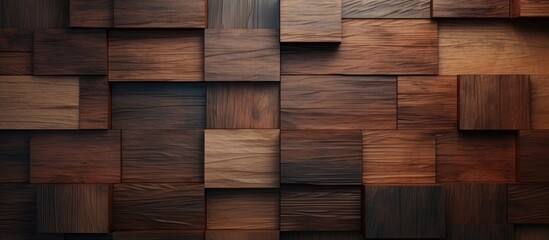 A detailed closeup of a brown hardwood wall made of rectangular planks, showcasing a beautiful...