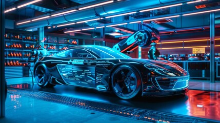 A futuristic car with holographic interfaces, suspended in a high-tech mechanics workshop, under neon lights
