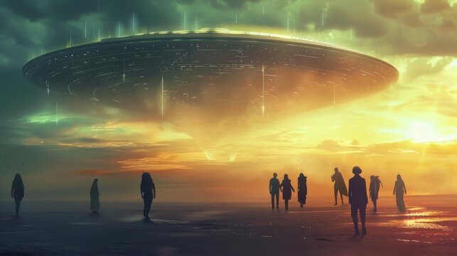 First contact humans and aliens meet interstellar ship in the background translation devices bridging communication