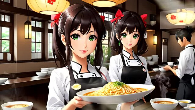 Waitress of restaurant serving noodle for customer. Seamless looping timelapse 4k video animation background