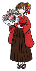 花束を持つ袴の女性（赤・焦茶）