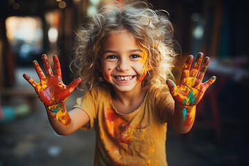 Happy little creative girl shows her dirty colorful hands in pants. Hobby and time-spending. Advert for extra courses. Creativity child kids development through art concept - obrazy, fototapety, plakaty