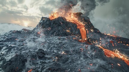 volcanic eruptions Show lava spilling onto the ground. The sky is full of ash.