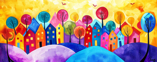Trees and town. Art horizontal banner with cozy street, cute houses.