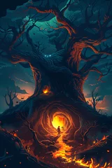 Fotobehang An animated aesthetic tailored for preteens showcases a towering tree with a foreboding entrance. In the dead of night, two teenagers venture towards the tree amidst a fiery backdrop © TechPeak Crafts