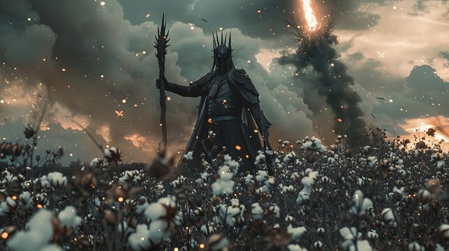 Fantasy-themed outdoor scene featuring a character resembling Sauron standing in a cotton field, raising one arm above his head holding a thorny medieval mace