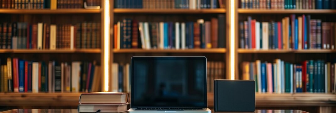 Library desk with books and laptop representing education technology and online learning. Banner