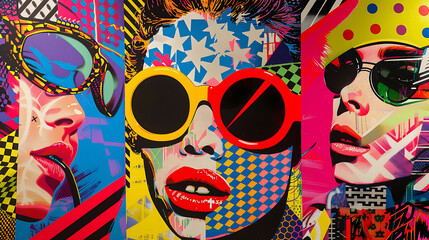Iconic red lips, representing the mouths of one woman, are featured in a vibrant pop art retro image. They are incorporating trendy colors.
