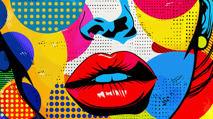 Iconic red lips, representing the mouths of one woman, are featured in a vibrant pop art retro...