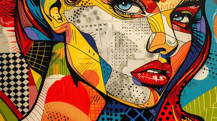 Blonde woman in a pop art style. Close-up of a retro comic woman's face against a red backdrop....