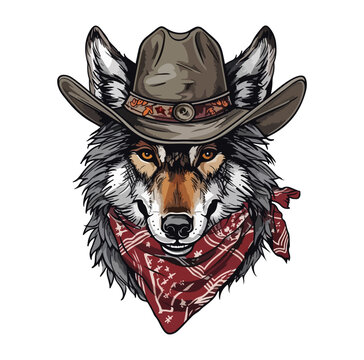 Wolf Head wearing wearing cowboy hat and bandana around neck