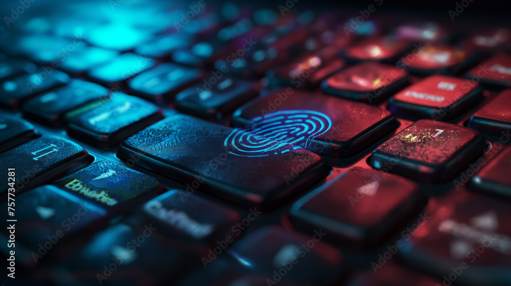 Poster fingerprint scanner in keyboard biometric verification modern cybersecurity technology concept, digi