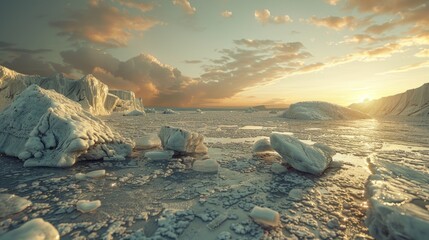 polar icebergs melt dry frozen lake Show the effects of climate change.