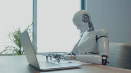 The AI robot sits at a desk, typing on a laptop. The robot appears to work in the manner of an office employee. Interaction between humans and artificial intelligence technologies.
