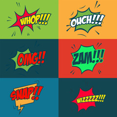 Set of comic style phrases on colorful background. Pop art style phrases set. Wow! Oops! Whop!  Design element for poster, flyer. - 757734412