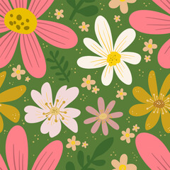 Seamless pattern with hand drawn flowers. Vector illustration - 757734440