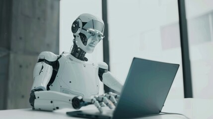 The AI robot sits at a desk, typing on a laptop. The robot appears to work in the manner of an office employee. Interaction between humans and artificial intelligence technologies.