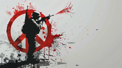 a soldier with a weapon, he is painting with a spray the symbol of peace, red colour
