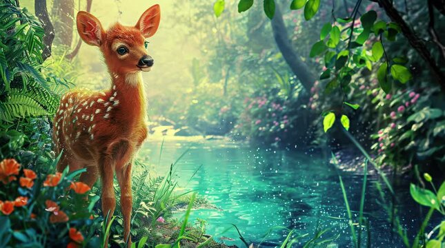 Enchanting deer grazing by the mystical forest lake with innocent charm and wonder Seamless looping 4k time-lapse virtual video animation background. Generated AI