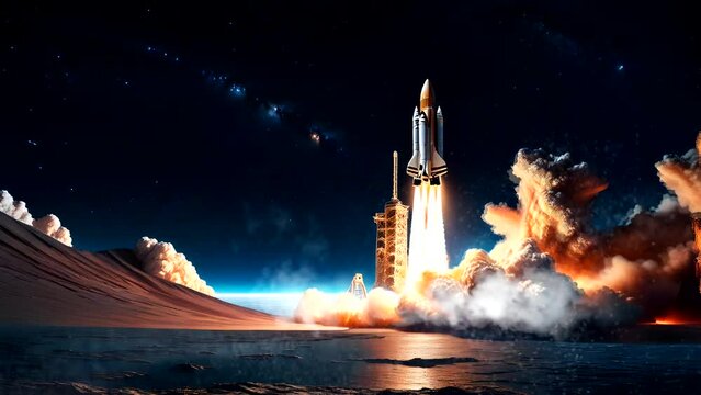 Rocket launching on night sky background. Seamless looping time-lapse 4k video animation background