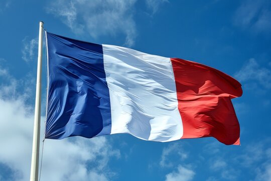 The French flag is fluttering in the wind against the clear blue sky