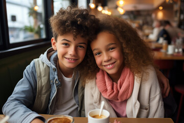 Portrait of smiling multiracial teenage school couple romantic mutual love on date in cafe restaurant. First love relationship sensuality tenderness - obrazy, fototapety, plakaty