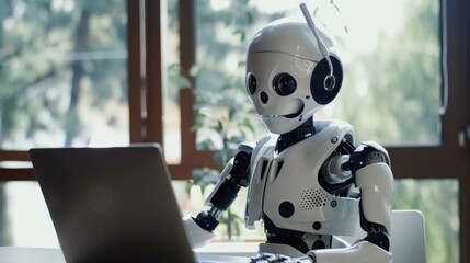 The AI robot sits at a desk, typing on a laptop. The robot appears to work in the manner of an office employee. Interaction between humans and artificial intelligence technologies.