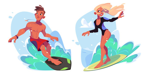 Surfers catching and riding wave on board. Cartoon vector illustration set of young man and woman standing on surfboard in sea or ocean. Happy active people swimming. Summer beach extreme adventure. - obrazy, fototapety, plakaty