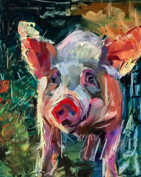Realistic over abstract. Piglet pet animal portrait traditional painting by oil and palette knife on a colored natural green and blue abstract background.