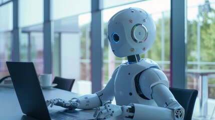 Fototapeta premium The AI robot sits at a desk, typing on a laptop. The robot appears to work in the manner of an office employee. Interaction between humans and artificial intelligence technologies.