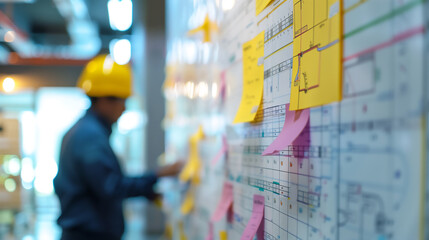 An engineer wearing a hard hat is focused on scheduling projects using a detailed Gantt chart in a professional office setting