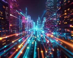 Neon cyber cityscape with glowing futuristic rectangles in motion