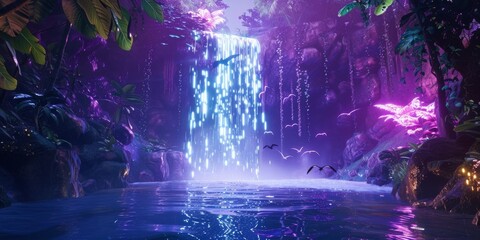 Deep in the neon rainforest a hidden waterfall glowing with neon lights exotic birds flying