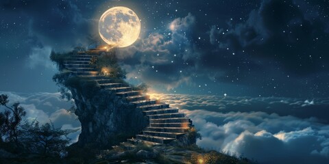 Endless staircases spiraling to the moon against a starry night sky a path of dreams - obrazy, fototapety, plakaty