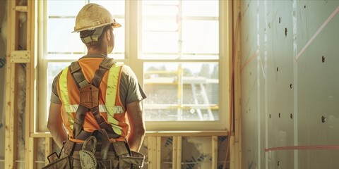 Construction worker looking out a window at a construction site.