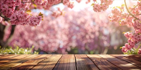 Naklejka na ściany i meble Empty wooden table with a blooming cherry blossom background.