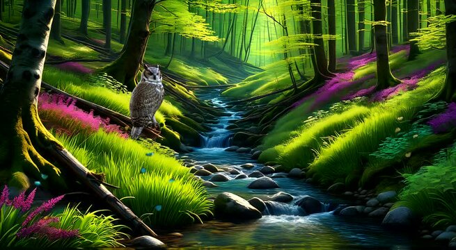 An owl on tree trunk, tropical forest in the jungle. Seamless looping time-lapse 4k video animation background