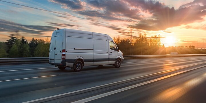 White delivery van driving on the highway at sunset.
