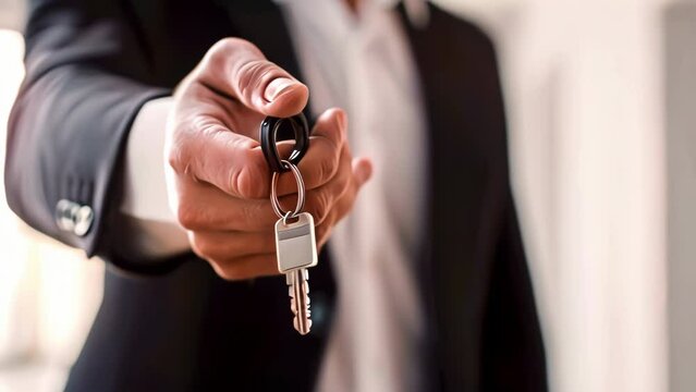Businessman handing home key to buyer or tenant. House or apartment purchase, rent