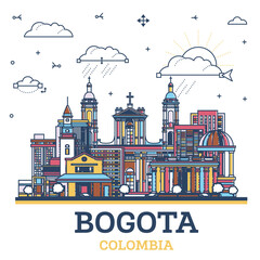 Outline Bogota Colombia City Skyline with colored Historic Buildings Isolated on White. Illustration. Bogota Cityscape with Landmarks.