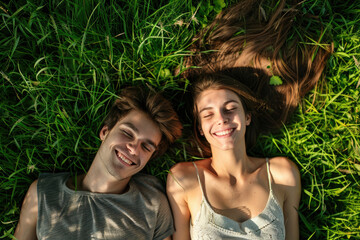 Happy Smiling Couple Relaxing on Green Grass